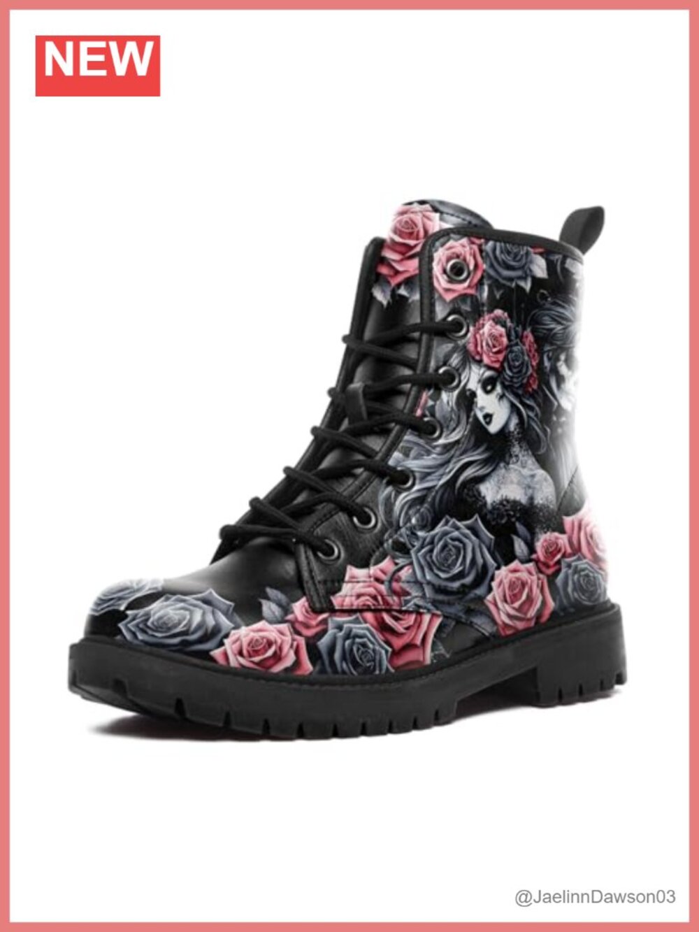 Gothic Rose Combat Ankle Boots with Lace-Up